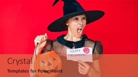  Presentation with happy angry - Cool new slides with young-hispanic-woman-wearing-witch backdrop and a red colored foreground