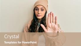 Presentation with hand palm - PPT theme with young-hispanic-woman-wearing-wool background and a coral colored foreground