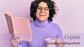  Presentation with coffee book - Presentation with young-hispanic-woman-with-curly background and a light blue colored foreground