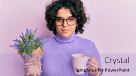  Presentation with lavender - Colorful presentation theme enhanced with young-hispanic-woman-with-curly backdrop and a light blue colored foreground