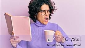  Presentation with coffee book - Colorful PPT layouts enhanced with young-hispanic-woman-with-curly backdrop and a light blue colored foreground