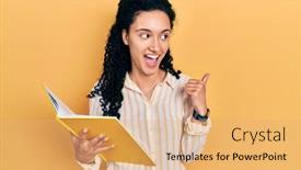  Presentation with curly hair - Presentation theme featuring young-hispanic-woman-with-curly background and a yellow colored foreground