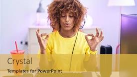  Presentation with curly hair - Presentation theme with young-hispanic-woman-with-curly background and a yellow colored foreground