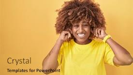  Presentation with yellow music - Presentation with young-hispanic-woman-with-curly background and a yellow colored foreground