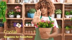  Presentation with hand holding plant - Slides having young-hispanic-woman-with-curly background and a red colored foreground