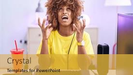  Presentation with video games playing - Presentation design with young-hispanic-woman-with-curly background and a  colored foreground