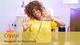  Presentation with video games playing - PPT theme with young-hispanic-woman-with-curly background and a yellow colored foreground