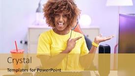  Presentation with video games playing - PPT theme featuring young-hispanic-woman-with-curly background and a yellow colored foreground