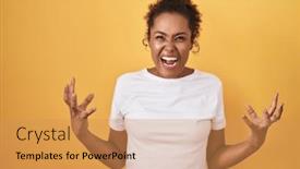  Presentation with frustration - PPT theme consisting of young-hispanic-woman-with-curly background and a yellow colored foreground