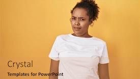  Presentation with upset - PPT theme featuring young-hispanic-woman-with-curly background and a yellow colored foreground