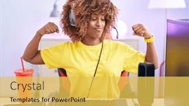  Presentation with video games playing - Theme consisting of young-hispanic-woman-with-curly background and a yellow colored foreground