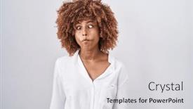  Presentation with curly hair - Presentation theme with young-hispanic-woman-with-curly and a light gray colored foreground