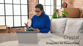  Presentation with new home - PPT theme consisting of young-hispanic-woman-with-problems background and a light gray colored foreground