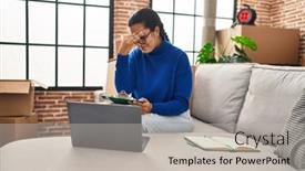  Presentation with new home - Presentation theme consisting of young-hispanic-woman-with-problems background and a light gray colored foreground