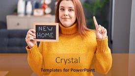  Presentation with new home - PPT theme enhanced with young-hispanic-woman-with-red background and a gold colored foreground