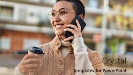  Presentation with cup coffee - PPT theme consisting of young-hispanic-woman-with-short background and a coral colored foreground