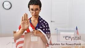  Presentation with confident young hispanic woman - Presentation theme consisting of young-hispanic-woman-with-short background and a coral colored foreground