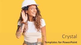  Presentation with listening woman - Audience pleasing PPT theme consisting of young-hispanic-woman-with-tattoo backdrop and a yellow colored foreground