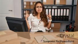  Presentation with direction - Presentation theme having young-hispanic-woman-working background and a coral colored foreground