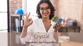  Presentation with office - Slide deck having young-hispanic-woman-working background and a  colored foreground