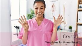  Presentation with confident young hispanic woman - Presentation theme with young-hispanic-woman-working background and a coral colored foreground