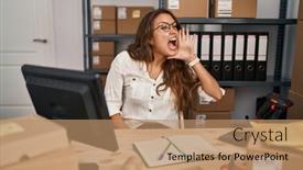  Presentation with business communication - Presentation theme featuring young-hispanic-woman-working background and a  colored foreground