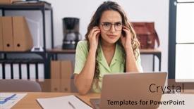  Presentation with office - Slide deck having young-hispanic-woman-working background and a coral colored foreground