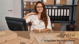  Presentation with working - Presentation theme enhanced with young-hispanic-woman-working background and a coral colored foreground