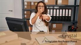  Presentation with working - PPT theme having young-hispanic-woman-working background and a coral colored foreground