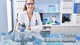  Presentation with scientist - Slide set enhanced with young-hispanic-woman-working background and a light blue colored foreground