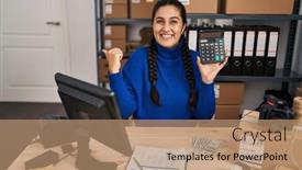  Presentation with business calculator - Presentation theme featuring young-hispanic-woman-working background and a coral colored foreground