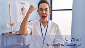  Presentation with rehabilitation - PPT theme consisting of young-hispanic-woman-working background and a light blue colored foreground