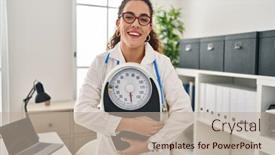  Presentation with dietitian - PPT theme with young-hispanic-woman-working background and a mint green colored foreground