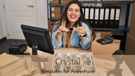  Presentation with working - PPT theme having young-hispanic-woman-working background and a coral colored foreground