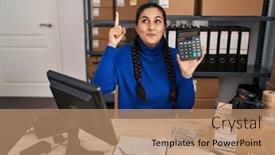  Presentation with business calculator - PPT theme having young-hispanic-woman-working background and a coral colored foreground