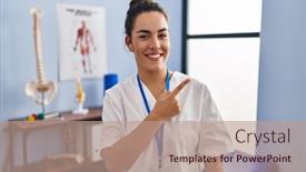  Presentation with rehabilitation - Presentation design featuring young-hispanic-woman-working background and a coral colored foreground