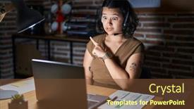  Presentation with forefinger - Presentation consisting of young-hispanic-woman-working background and a tawny brown colored foreground