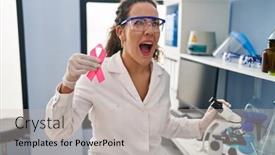  Presentation with mad scientist - Presentation theme consisting of young-hispanic-woman-working background and a light gray colored foreground