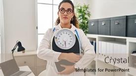  Presentation with dietitian - PPT theme consisting of young-hispanic-woman-working background and a coral colored foreground