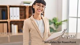  Presentation with confident young hispanic woman - Presentation design featuring young-hispanic-woman-working background and a coral colored foreground