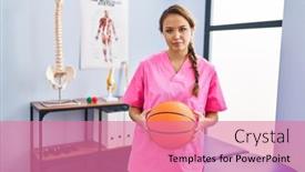  Presentation with physiotherapy - Presentation design with young-hispanic-woman-working background and a coral colored foreground