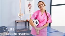  Presentation with physiotherapy - PPT theme with young-hispanic-woman-working background and a seafoam green colored foreground