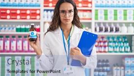  Presentation with syrup - Presentation theme enhanced with young-hispanic-woman-working background and a light blue colored foreground