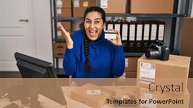  Presentation with business card - Presentation design having young-hispanic-woman-working background and a coral colored foreground
