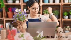  Presentation with muscle - PPT theme consisting of young-hispanic-woman-working background and a coral colored foreground