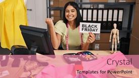  Presentation with friday - PPT theme having young-hispanic-woman-working background and a coral colored foreground