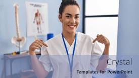  Presentation with rehabilitation - Presentation theme having young-hispanic-woman-working background and a light blue colored foreground