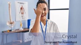  Presentation with rehabilitation - PPT theme enhanced with young-hispanic-woman-working background and a light blue colored foreground