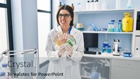  Presentation with mad scientist - PPT theme consisting of young-hispanic-woman-working background and a light gray colored foreground