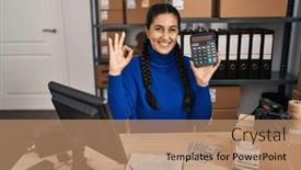  Presentation with business calculator - Slide deck featuring young-hispanic-woman-working background and a  colored foreground